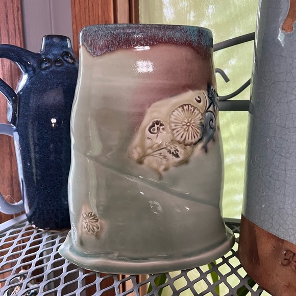 Pottery Vase CS Artisan Stamped Blue/Green/Brown 3D Floral accents. 8” H - Picture 11 of 11